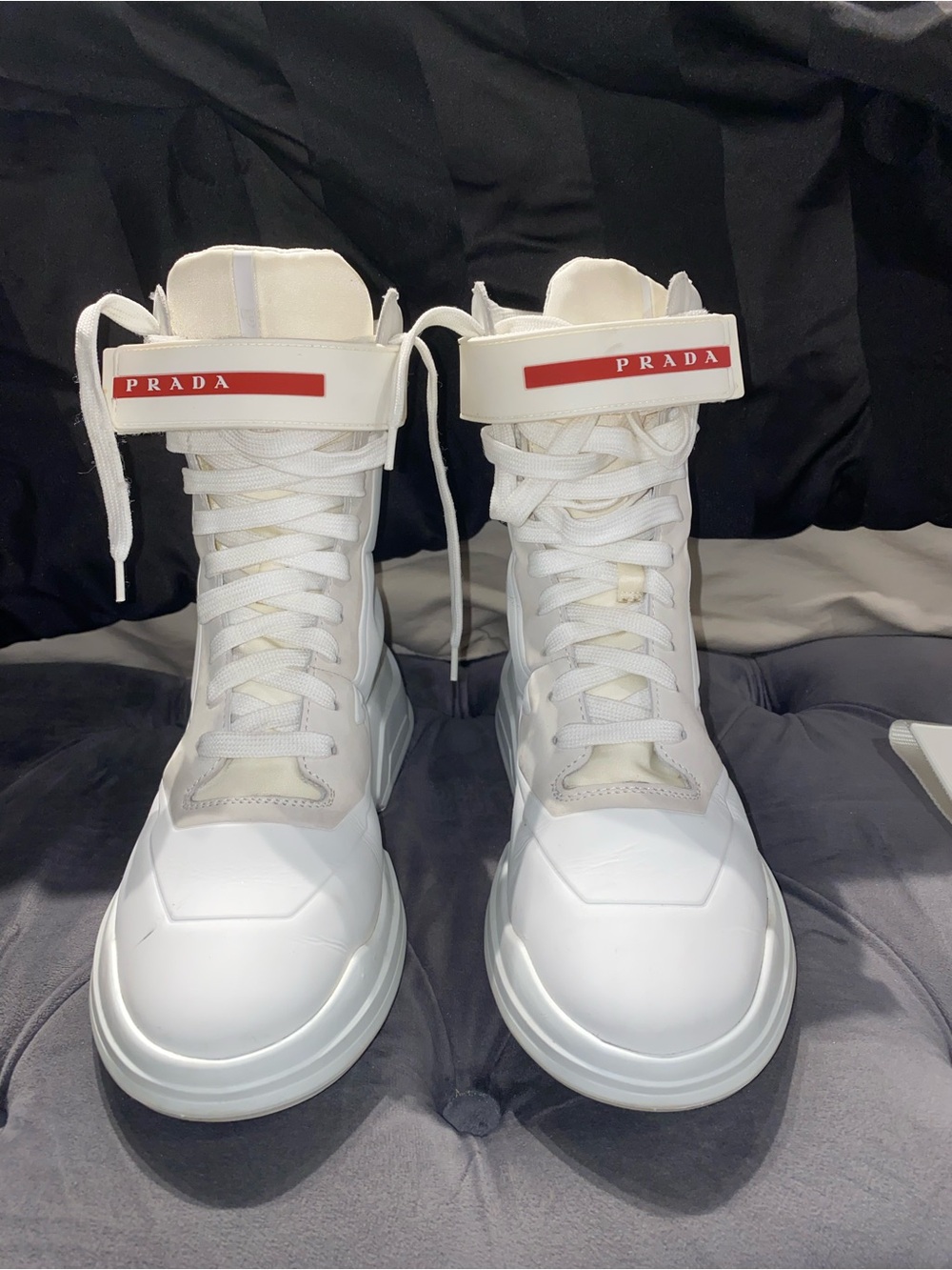 Prada White High-Top Lace-Up Boots with Red Logo Strap - Linea Rossa Polaris 19